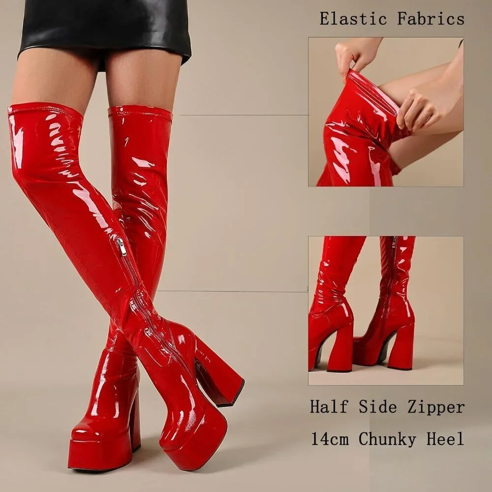 Women Patentred Synthetic Thigh High Boots Chunky Block Heels Over The Knee Boot